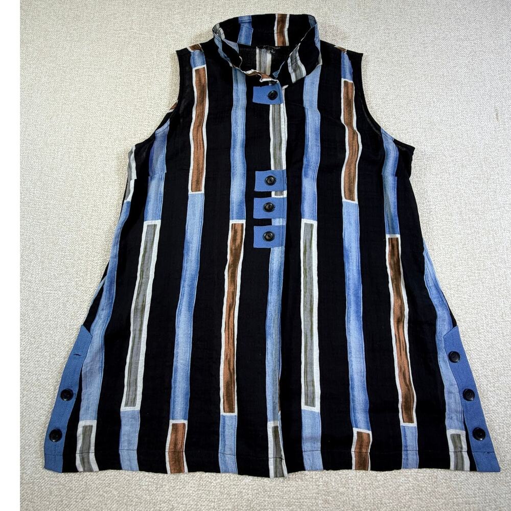 John Mark Womens Large Black Blue Button Front Sleeveless Top Boho Lightweight